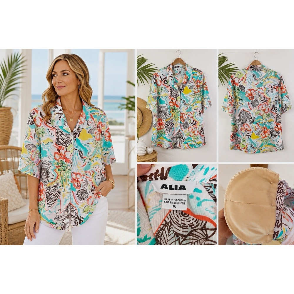 Alia Floral Multicolor Button Front Short Sleeve Collared Polyester Blouse 16